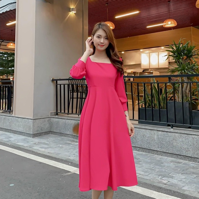 Váy dáng xòe cổ vuông tay dài phong cách tiểu thư vintage - V19 - MALOUIS