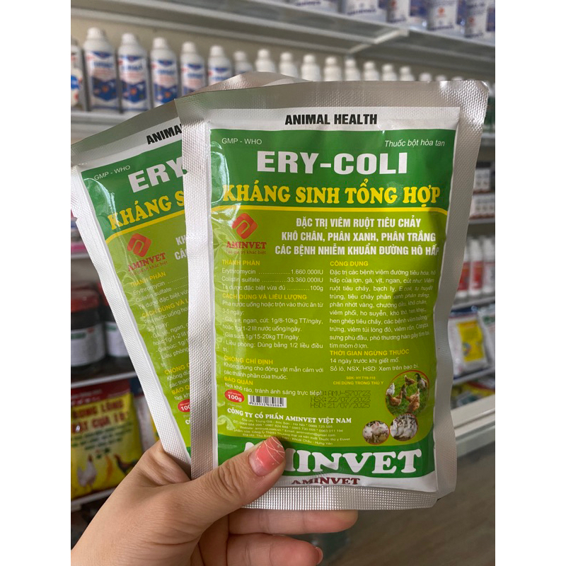 kháng sinh tổng hợp gói 100g phòng hen khẹc, tiêu chảy phân xanh phân trắng trên gà, lợn, trâu bò