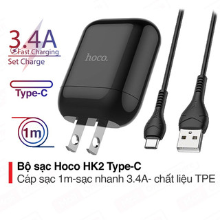 Bộ Sạc Nhanh Siêu Bền Chính Hãng Hoco HK2 3.4A  Type C / Miro USB nhựa ABS chân dẹt dây dài 1m cho mọi thiết bị hiện nay