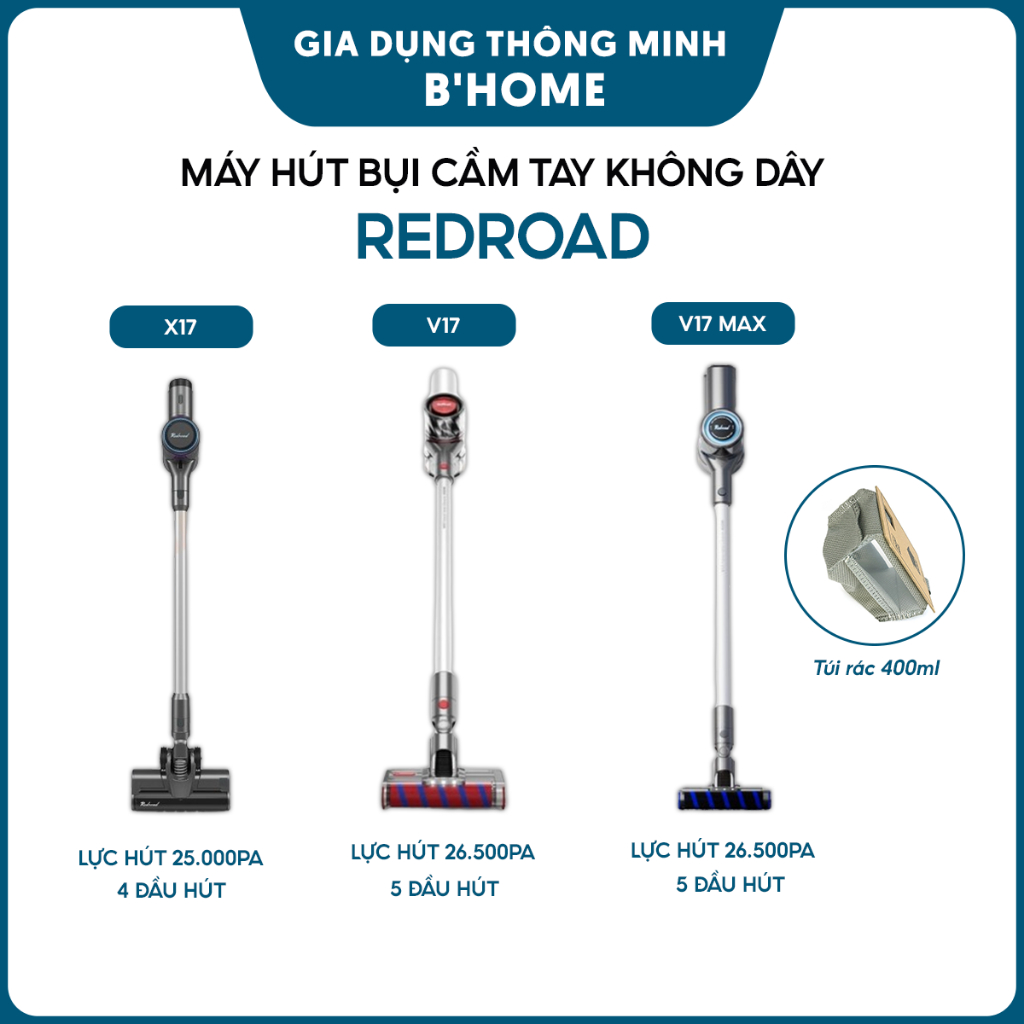 Máy Hút Bụi Cầm Tay Không Dây Xiaomi Redroad V17/ Redroad X17 – Bảo Hành 12 Tháng, Lực Hút 26.500 Pa, Nhiều Đầu Hút