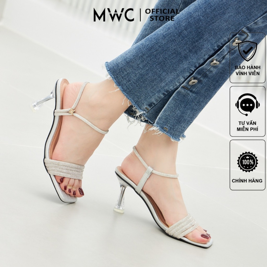 Giày Sandal Cao Gót MWC 4456 - Giày Cao Gót Quai Ngang Đính Đá Kiểu Dáng Thanh Lịch