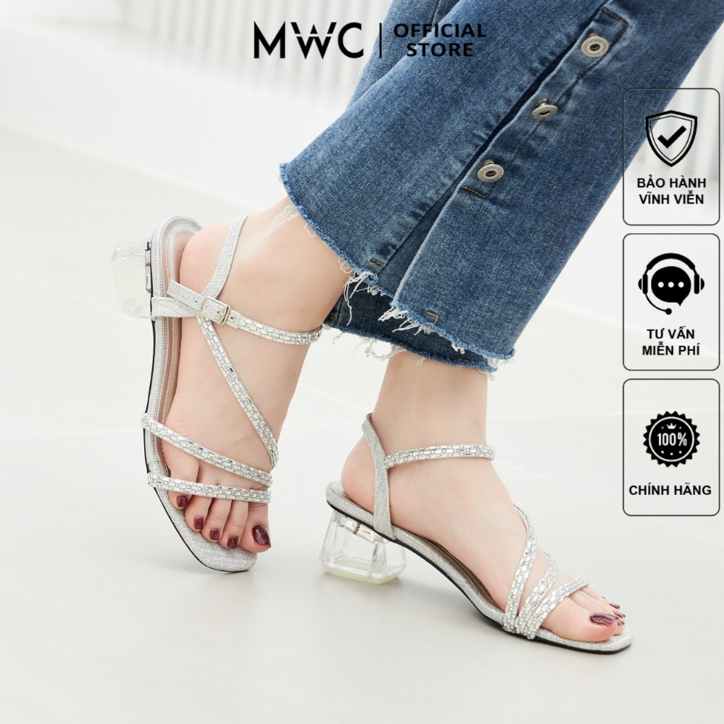 Giày Sandal Cao Gót MWC 4449 - Giày Cao Gót Quai Mảnh Đính Đá Đế Vuông Trong Suốt Sang Chảnh