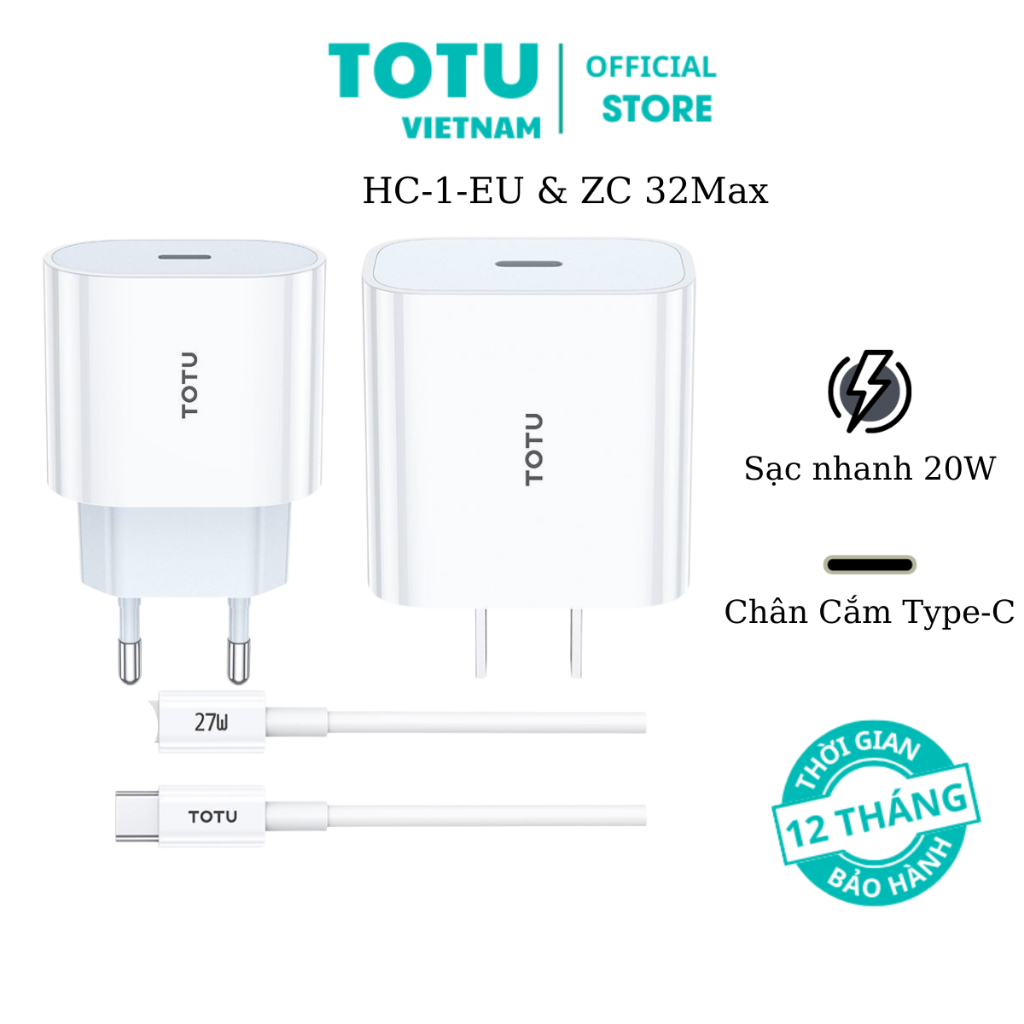 Bộ Sạc Nhanh TOTU, Công Suất 20W, Chip Điều Chỉnh Dòng Thông Minh, Chống Quá Tải - Bộ Sạc Nhanh 20W