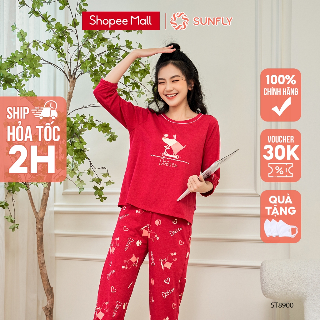 Bộ Mặc Nhà Nữ Cotton Sunfly Áo Tay Lỡ, Quần Dài St8900