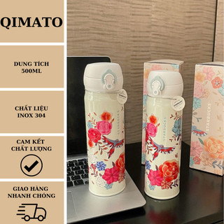 Bình giữ nhiệt Starbucks Thermos họa tiết hoa lá 500ml, Bình nước inox 304 nắp kín Qimato