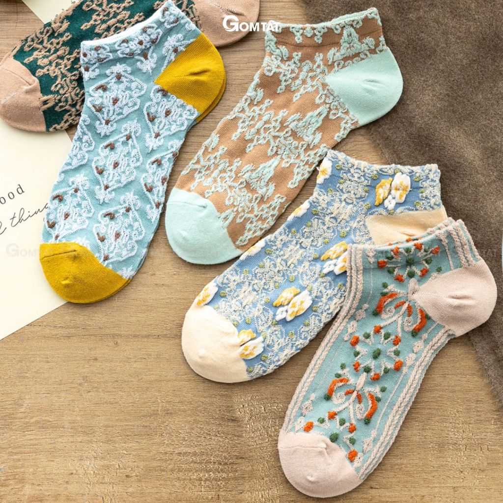 Set 5 đôi tất hoa cổ ngắn nữ GOMTAT hoạ tiết hoa cỏ dễ thương, chất liệu cotton dày dặn thoáng khí, cực ấm - DTA-A056