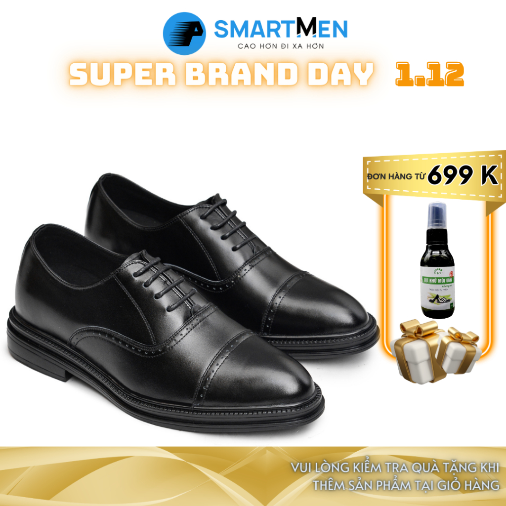 Giày tây Tăng chiều cao da bò nam công sở SmartMen GD-400 Đen