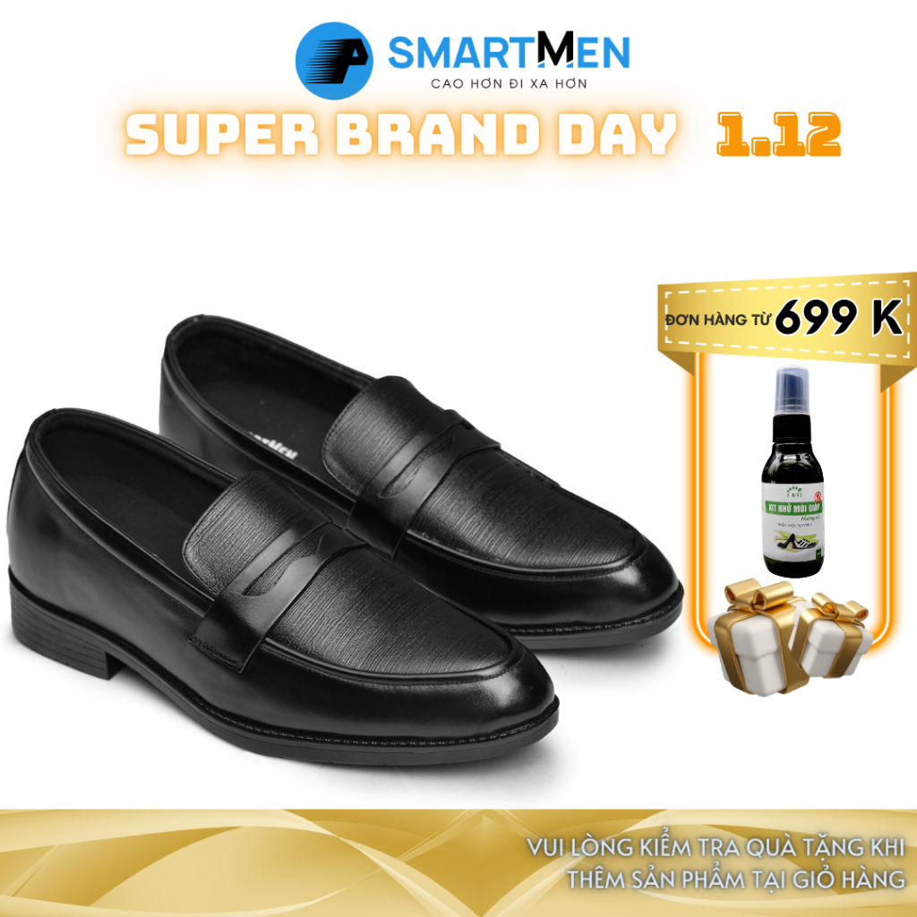 Giày lười công sở tăng chiều cao da bò SmartMen GL-04 Đen