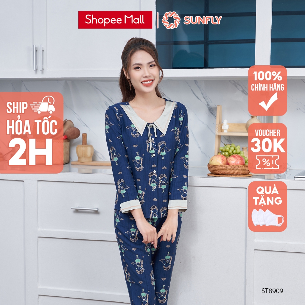 Bộ Đồ Mặc Nhà Nữ Linen SUNFLY Áo Tay Dài Quần Dài ST8909