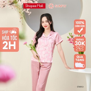 Bộ Đồ Mặc Nhà Nữ Pijamas Lụa SUNFLY Áo Cộc Quần Dài ST8953