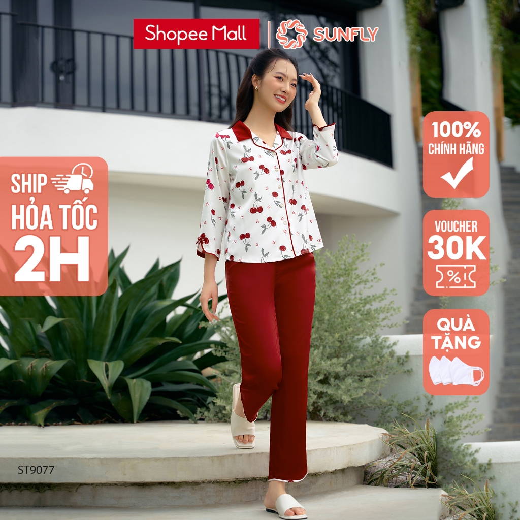 Đồ Bộ Mặc Nhà Nữ Pyjamas Lụa SUNFLY Áo Tay Lỡ Quần Dài ST9077