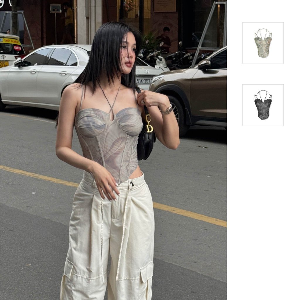 Áo Nữ Crop Thin Strap Corsetshape, Chất Vải Thun Lưới In Pattern Thoải Mái,WKI027, SOMEHOW