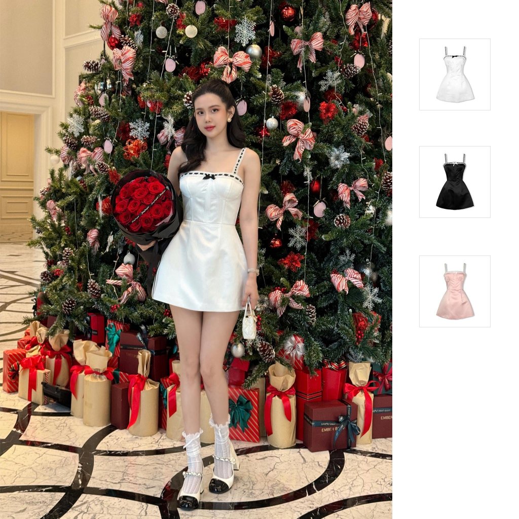 Đầm Nữ Ngắn Lace Strap Black White Pink, Chất Vải Phi Tafta Thoải Mái, WDN067, SOMEHOW