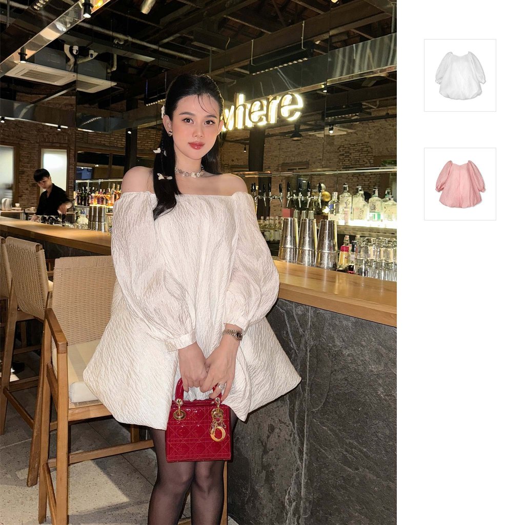 Đầm Ngắn Nữ Babydoll Off-shoulder Brocade, Chất Vải Gấm Đá Thoải Mái, WDN065, SOMEHOW