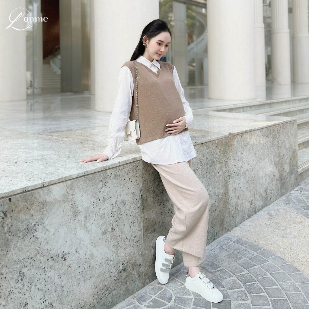 Áo bầu thu đông, Áo sơmi phối vải len dập nổi HASA SHIRT có khóa cho bé ti, phù hợp cho mẹ đi làm, đi chơi by L'amme