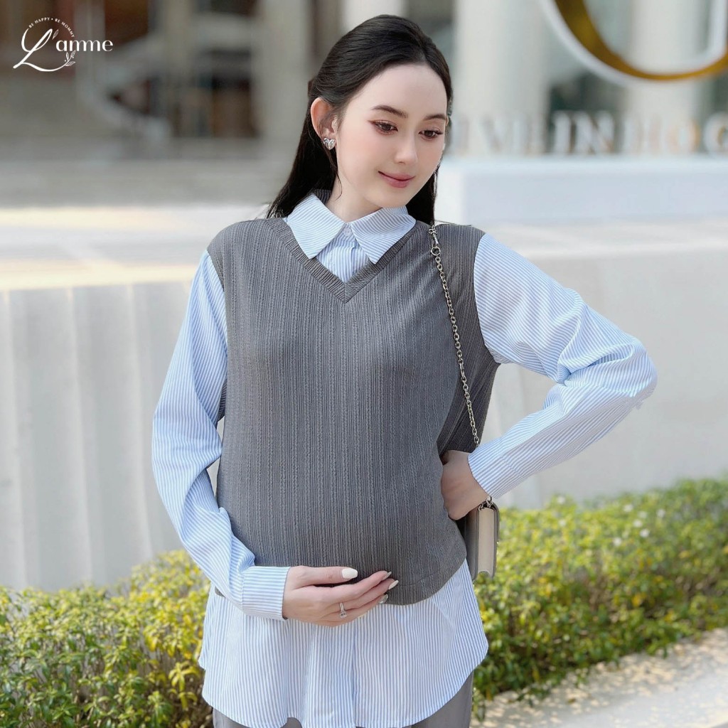 Áo bầu thu đông, Áo sơmi phối vải len dập nổi HASA SHIRT có khóa cho bé ti, phù hợp cho mẹ đi làm, đi chơi by L'amme