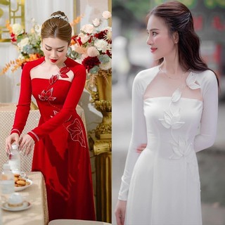 Áo dài cô dâu cưới hỏi cổ cách điệu hoa sen acd05