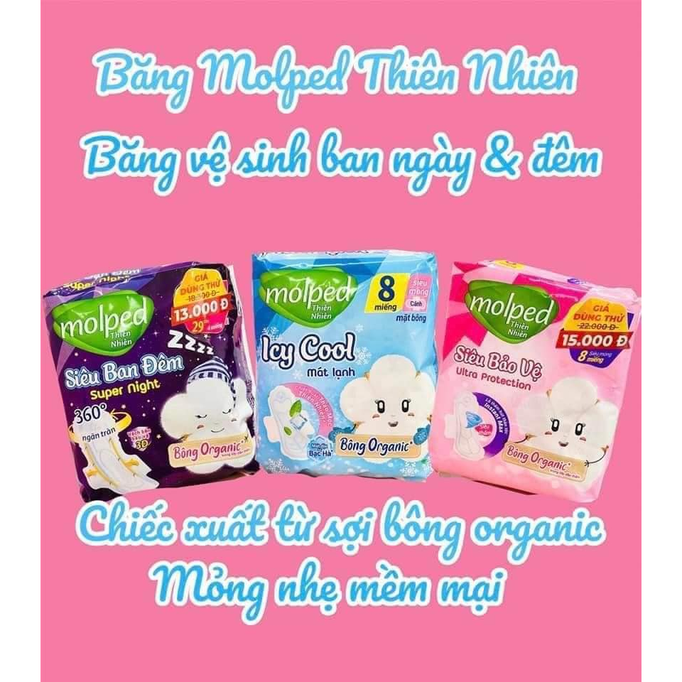 Combo 8 gói băng vệ sinh Molped thiên nhiên siêu ban đêm cánh 29cm và 35cm
