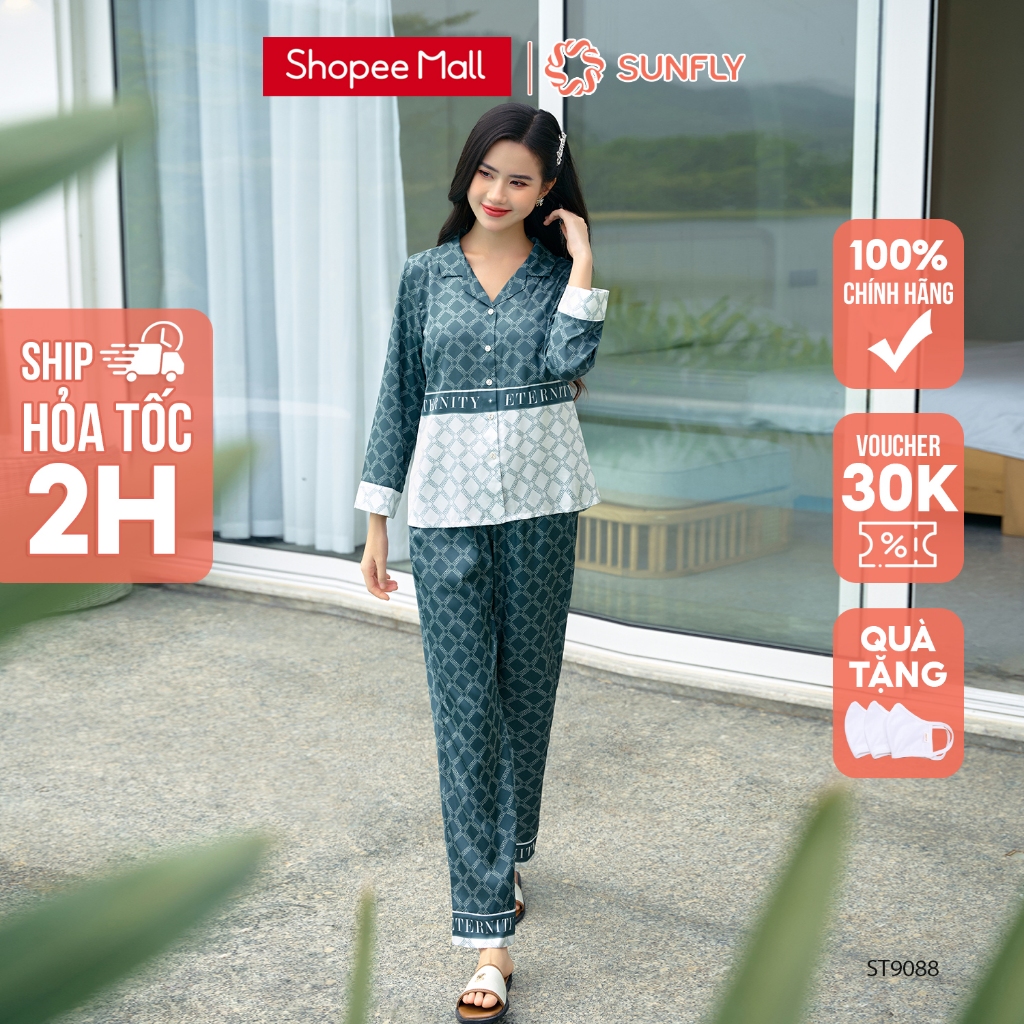 Bộ đồ mặc nhà nữ pyjamas lụa SUNFLY áo tay lỡ dài quần dài ST9088