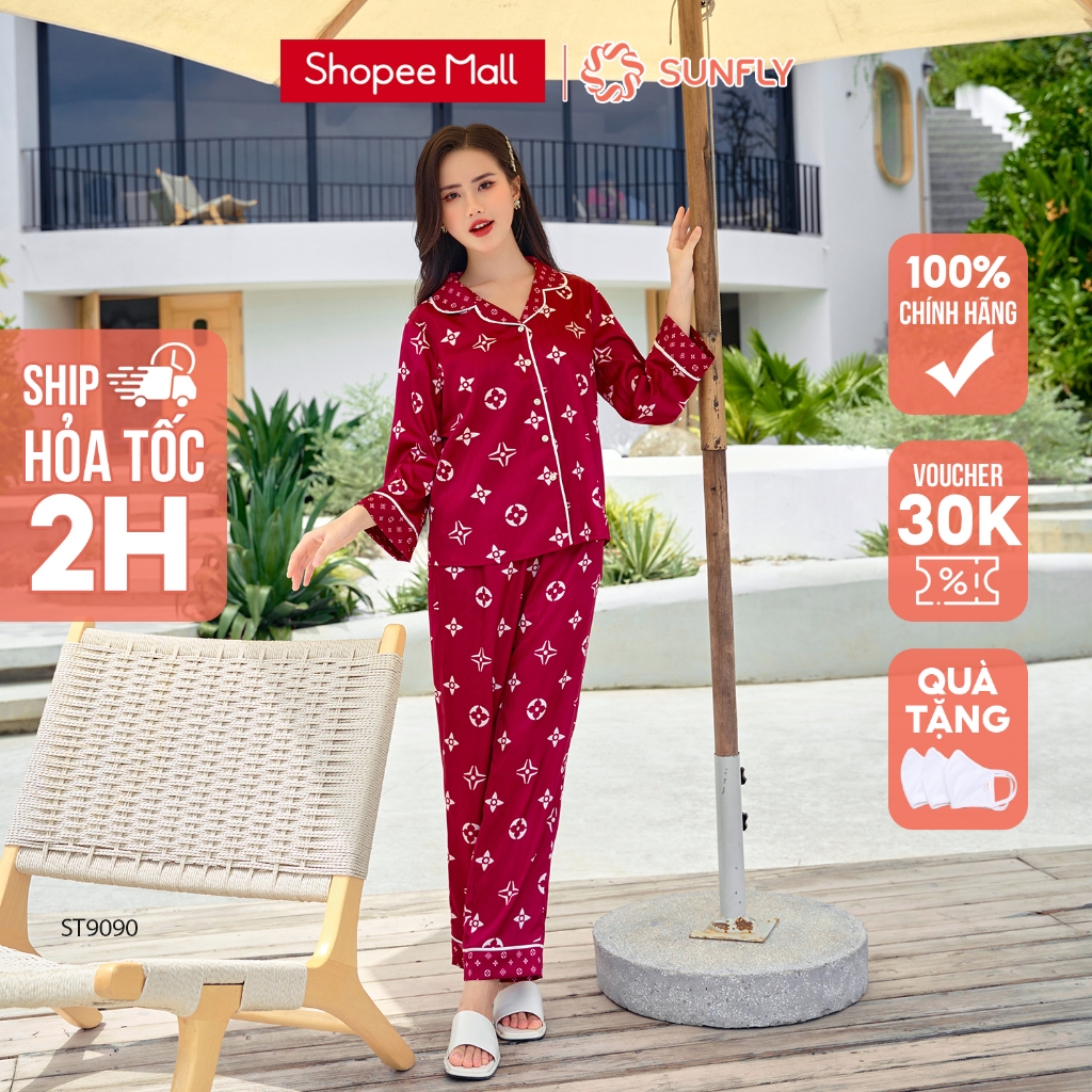 Bộ đồ mặc nhà nữ pyjamas lụa SUNFLY áo tay lỡ dài quần dài ST9090