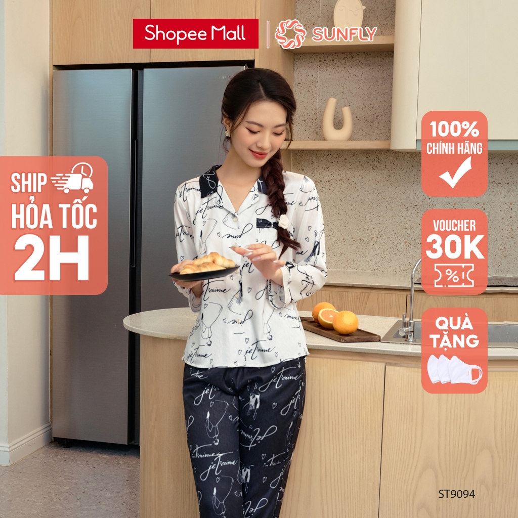 Bộ Đồ Nữ Mặc Nhà Pyjamas Lụa SUNFLY Áo Tay Lỡ Quần Dài ST9094