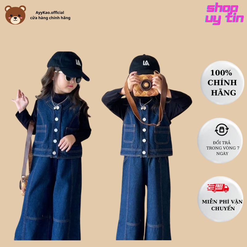 Set bộ áo gile jeans và quần jeans dài ống suông rộng thời trang cho bé gái từ 10-40kg S1 - AYYKAO