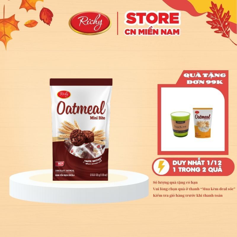 Bánh yến mạch Oatmeal Richy vị socola túi 32g