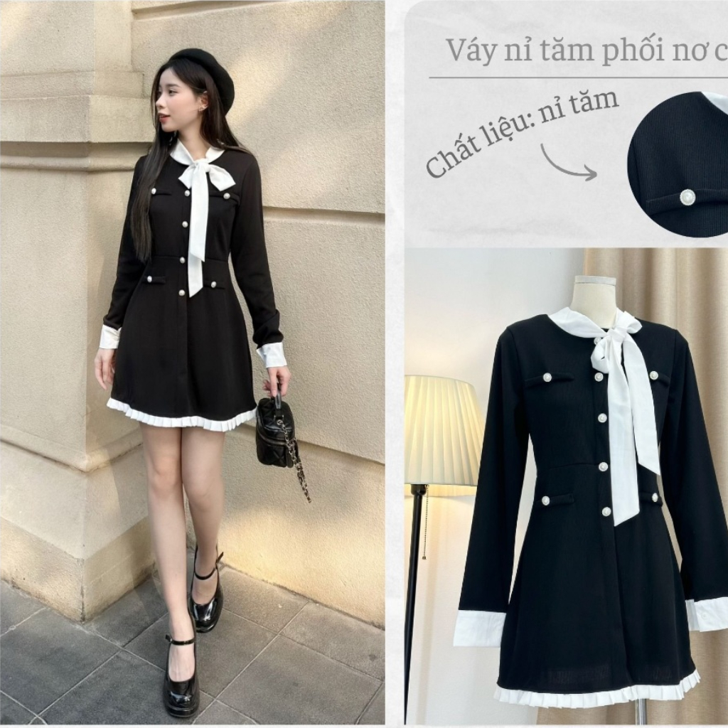 Váy Nỉ Tăm  Cúc Ngọc Phối Cổ Nơ Viền Bèo Cách Điệu, Váy Thu Đông Sang Chảnh