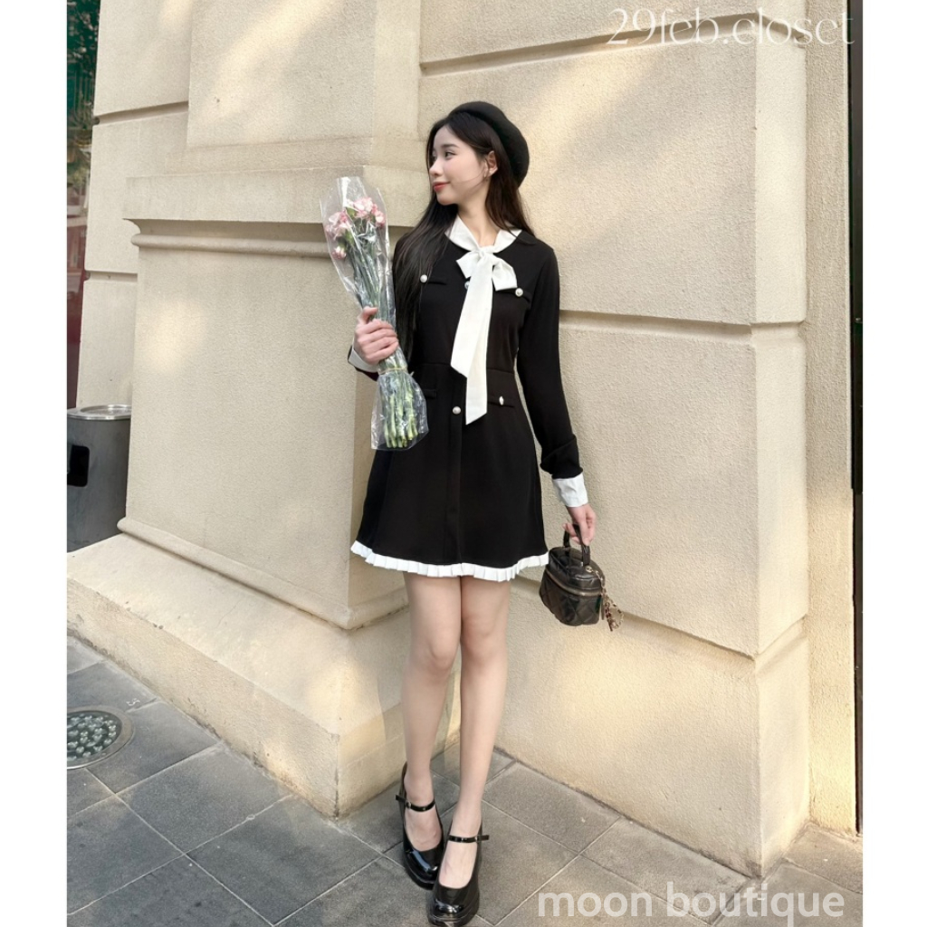 Váy Nỉ Tăm  Cúc Ngọc Phối Cổ Nơ Viền Bèo Cách Điệu, Váy Thu Đông Sang Chảnh