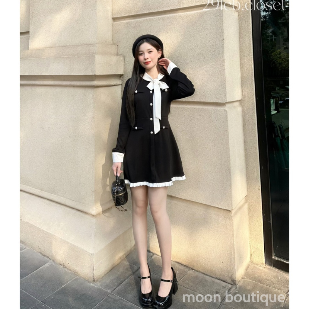 Váy Nỉ Tăm  Cúc Ngọc Phối Cổ Nơ Viền Bèo Cách Điệu, Váy Thu Đông Sang Chảnh