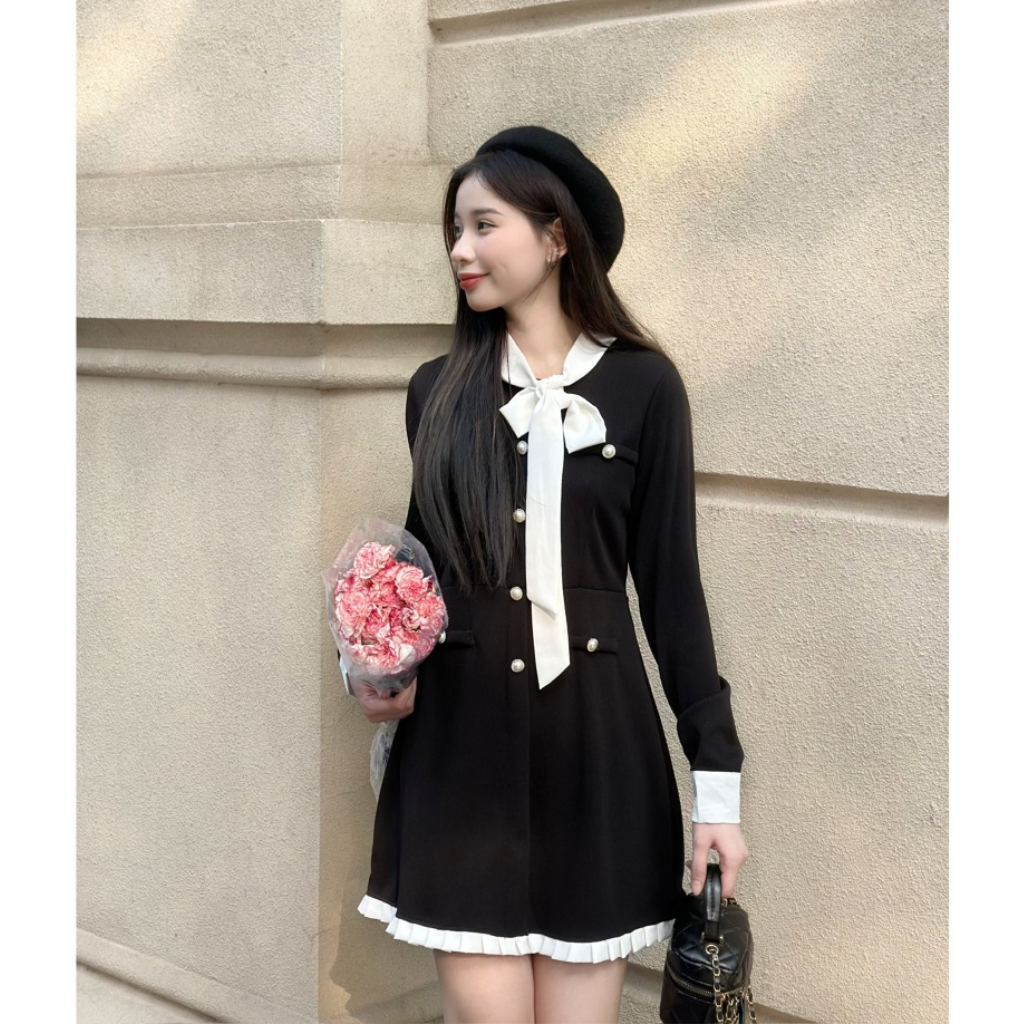 Váy Nỉ Tăm  Cúc Ngọc Phối Cổ Nơ Viền Bèo Cách Điệu, Váy Thu Đông Sang Chảnh