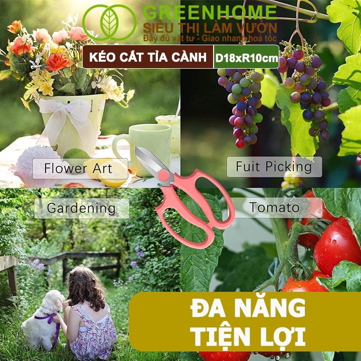 Kéo Cắt Cành Greenhome, D18xr10cm, Dụng Cụ Làm Vườn, Tối Ưu Giảm Lực Tay, Màu Sắc Hiện Đại, Dễ Sử Dụng Cắt Tỉa Hoa