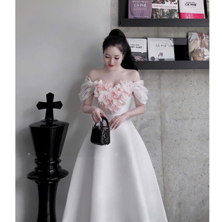 Đầm xòe trễ vai kết hoa ngực kiểu đầm dự tiệc sang trọng quyến rũ màu đầm trắng, hồng, đen dày dặn DD17