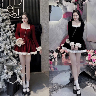 Đầm xòe ngắn tay dài cổ vuông chạy viền ren trắng hai màu đầm đỏ đen chất liệu nhung cứng dày dặn kiểu đầm dự tiệc DD20