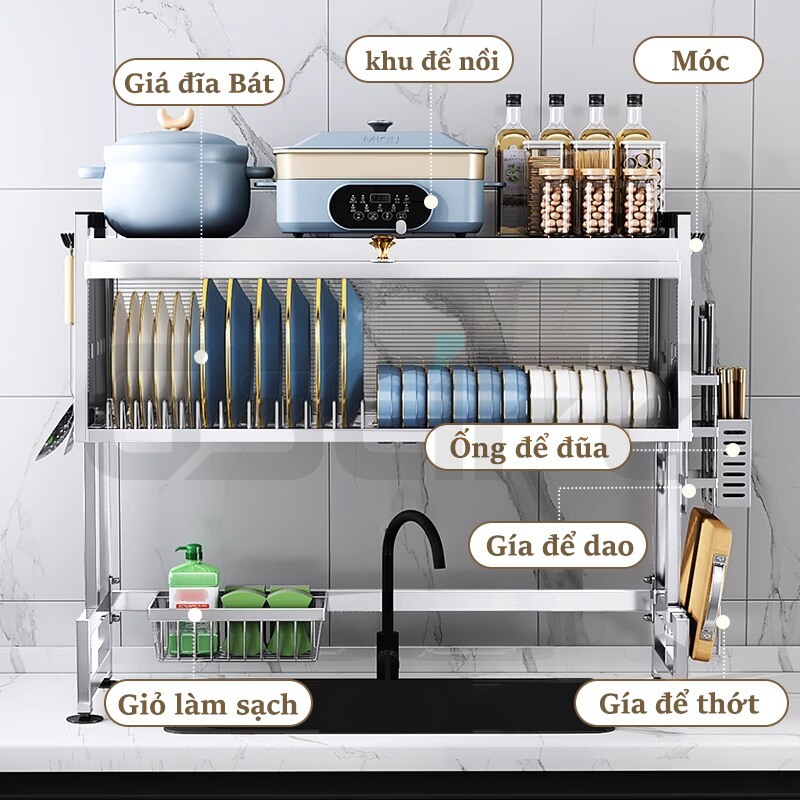 GSlife Kệ Để Chén Đĩa INOX Có Nắp Đậy Thông Minh Trên Bồn Rửa Bát