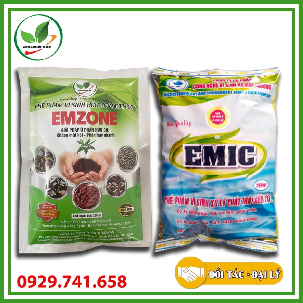 Combo bộ đôi chế phẩm sinh học EM(Emic)+Emzone. Xử lý thức ăn nhà bên, ủ mùi. Gói 200gr