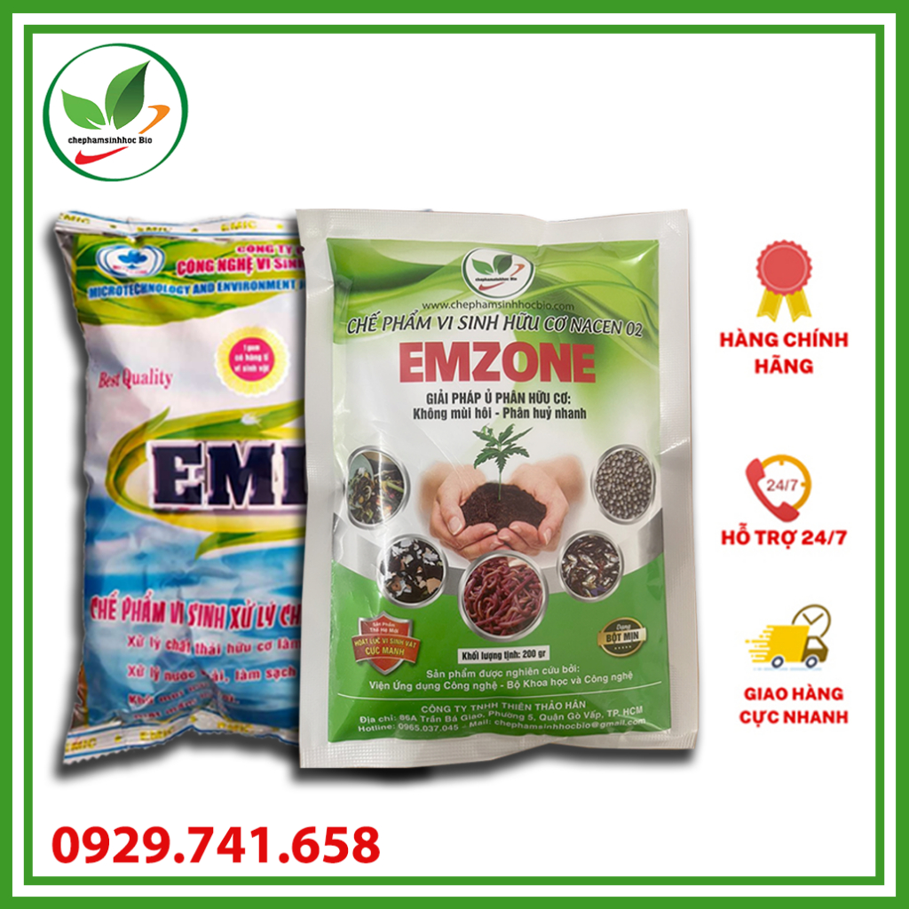 Combo bộ đôi chế phẩm sinh học EM(Emic)+Emzone. Xử lý thức ăn nhà bên, ủ mùi. Gói 200gr