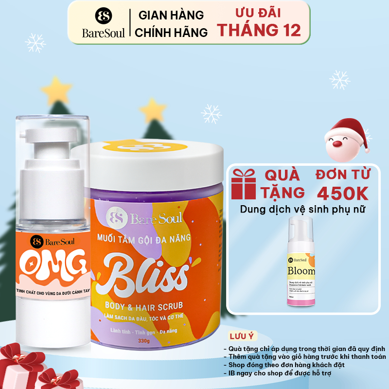 Combo dưỡng sáng chuyên sâu, nâng tông tức thì,làm sáng mịn, giảm thâm sần, khử mùi BareSoul OMG 20g + BLISS 250g