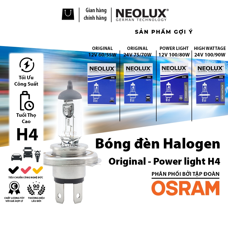 Bóng Đèn Halogen Power Light OSRAM NEOLUX H4 12V 24V - Nhập Khẩu Chính Hãng