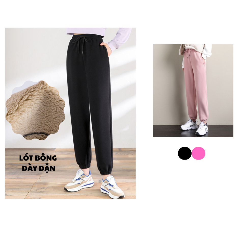 Quần Nỉ Bông Nữ Cạp Chun Bo Gấu Có Lót Bông Madela Dáng Jogger, Quần Jogger Nỉ Nữ Thể Thao Cạp Chun Bo Gấu