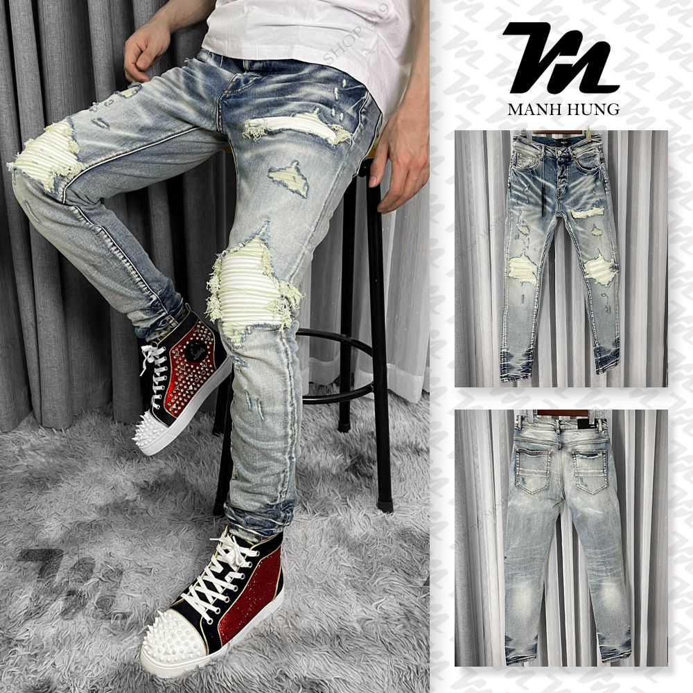 🔥Hot🔥 Quần JEAN Nam 4 Khuy Amiri Nam Xanh Khói Vá Da Trắng Quần Bò Slimfit Wash xanh khói rách xước Amiri