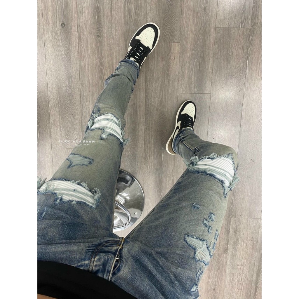 🔥Hot🔥 Quần JEAN Nam 4 Khuy Amiri Nam Xanh Khói Vá Da Trắng Quần Bò Slimfit Wash xanh khói rách xước Amiri