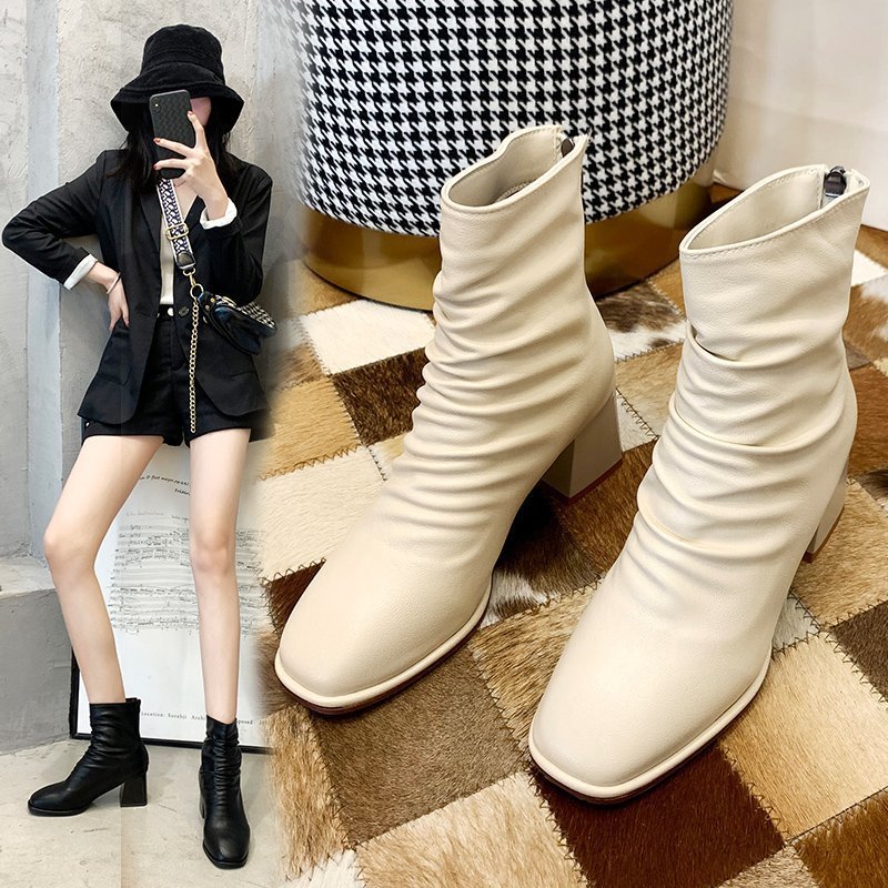 Bốt nhăn nữ cổ cao da lì lót lông giày boot nữ cổ thấp nhún khóa kéo sau đế vuông 6cm hàng Quảng Châ