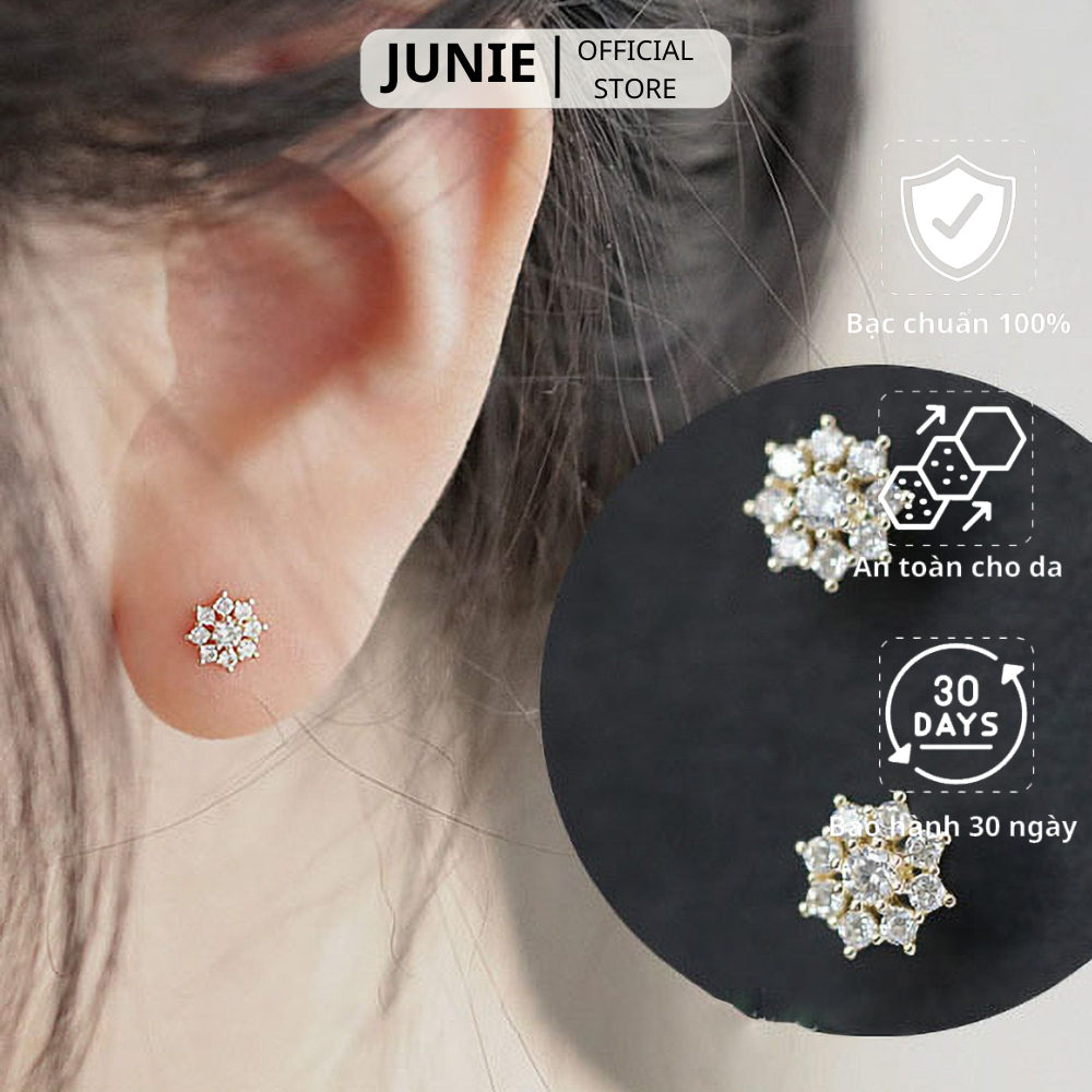 Bông Tai Bạc JUNIE, Bông Tai Hình Bông Tuyết Khảm Đá Dễ Thương E-ELIZA