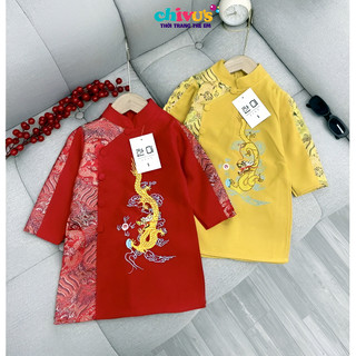 Áo dài Tết cho bé mẫu mới năm 2024 CHIVU'sKID chất nhung chéo, phối gấm, họa tiết rồng thêu đẹp mắt