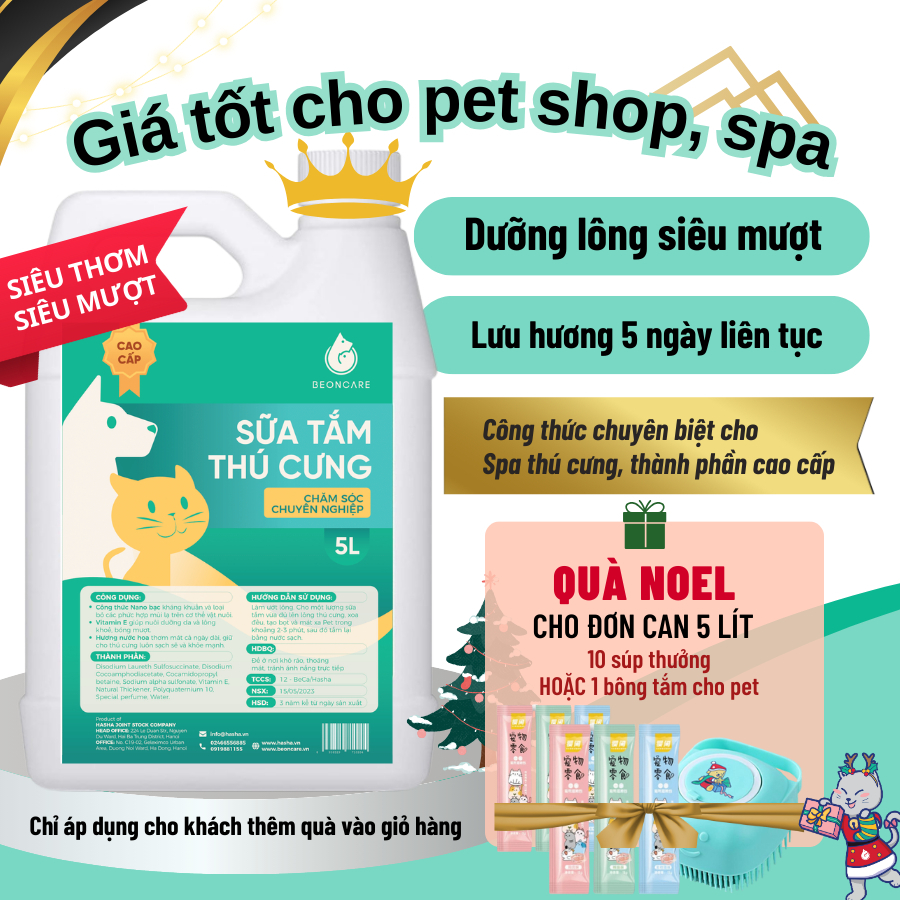 Can 5L Sữa tắm thú cưng Cao Cấp dành riêng cho Spa chó mèo thơm lâu SIÊU MƯỢT LÔNG SIÊU LƯU HƯƠNG Beoncare can 5l