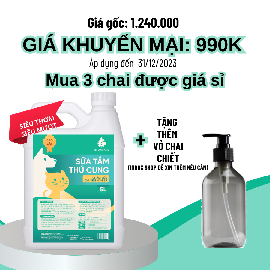 Can 5L Sữa tắm thú cưng Cao Cấp dành riêng cho Spa chó mèo thơm lâu SIÊU MƯỢT LÔNG SIÊU LƯU HƯƠNG Beoncare can 5l