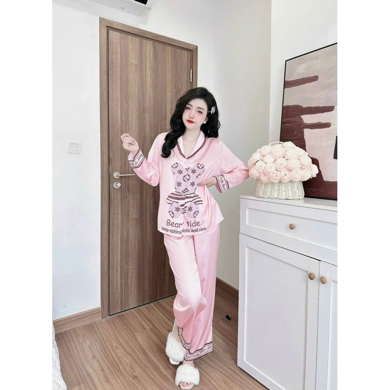 Đồ mặc nhà nữ áo tay dài quần dài hoạ tiết sang xịn mịn chất lụa latin