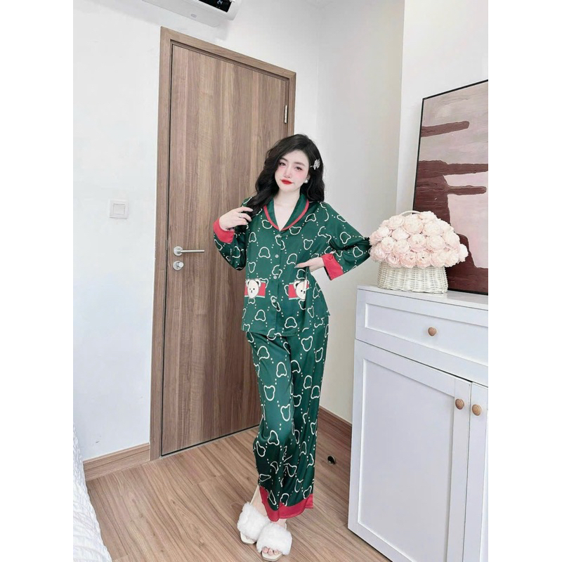 Đồ mặc nhà nữ áo tay dài quần dài hoạ tiết sang xịn mịn chất lụa latin