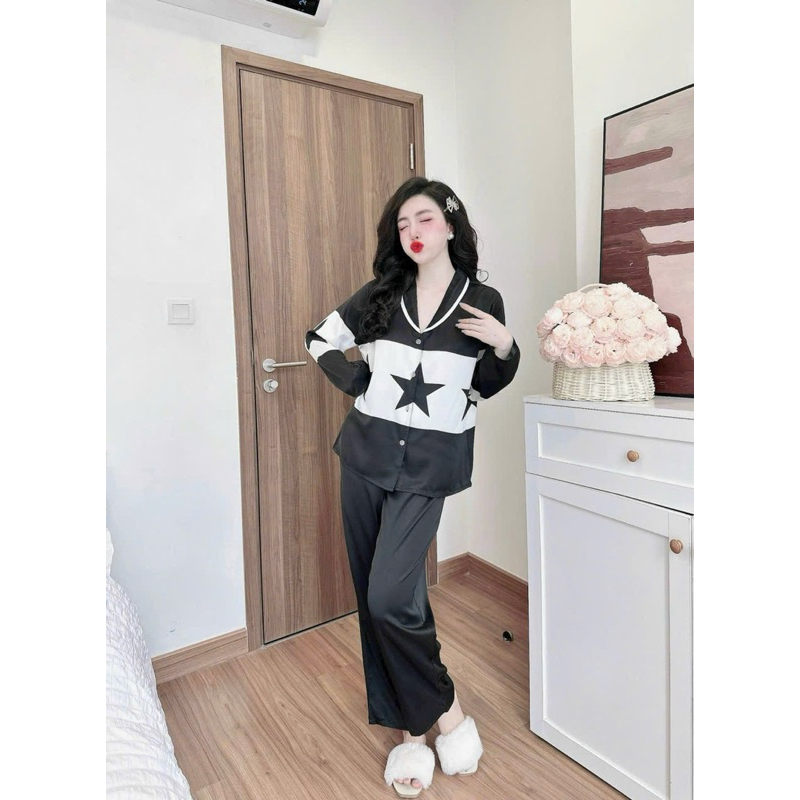 Đồ mặc nhà nữ áo tay dài quần dài hoạ tiết sang xịn mịn chất lụa latin